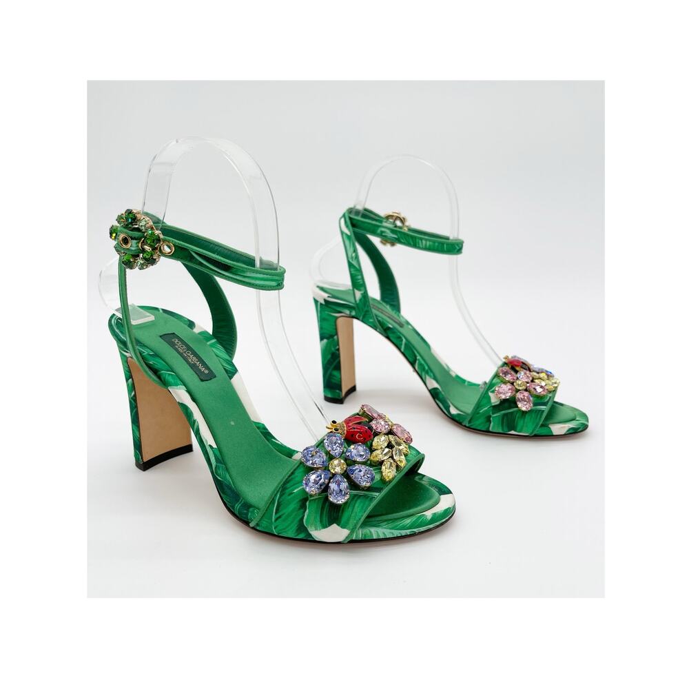 Dolce & Gabbana Green Palm Leaf Print Satin Crystal Ladybug Sandal Heels IT 38.5